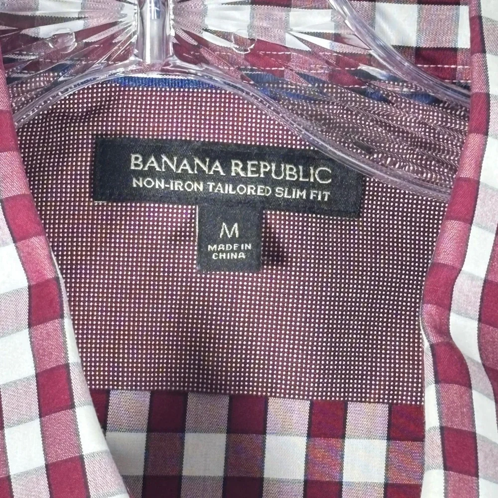 Banana Republic Mens Burgundy Gingham Non Iron Tailored Slim Fit Dress‎ Shirt M