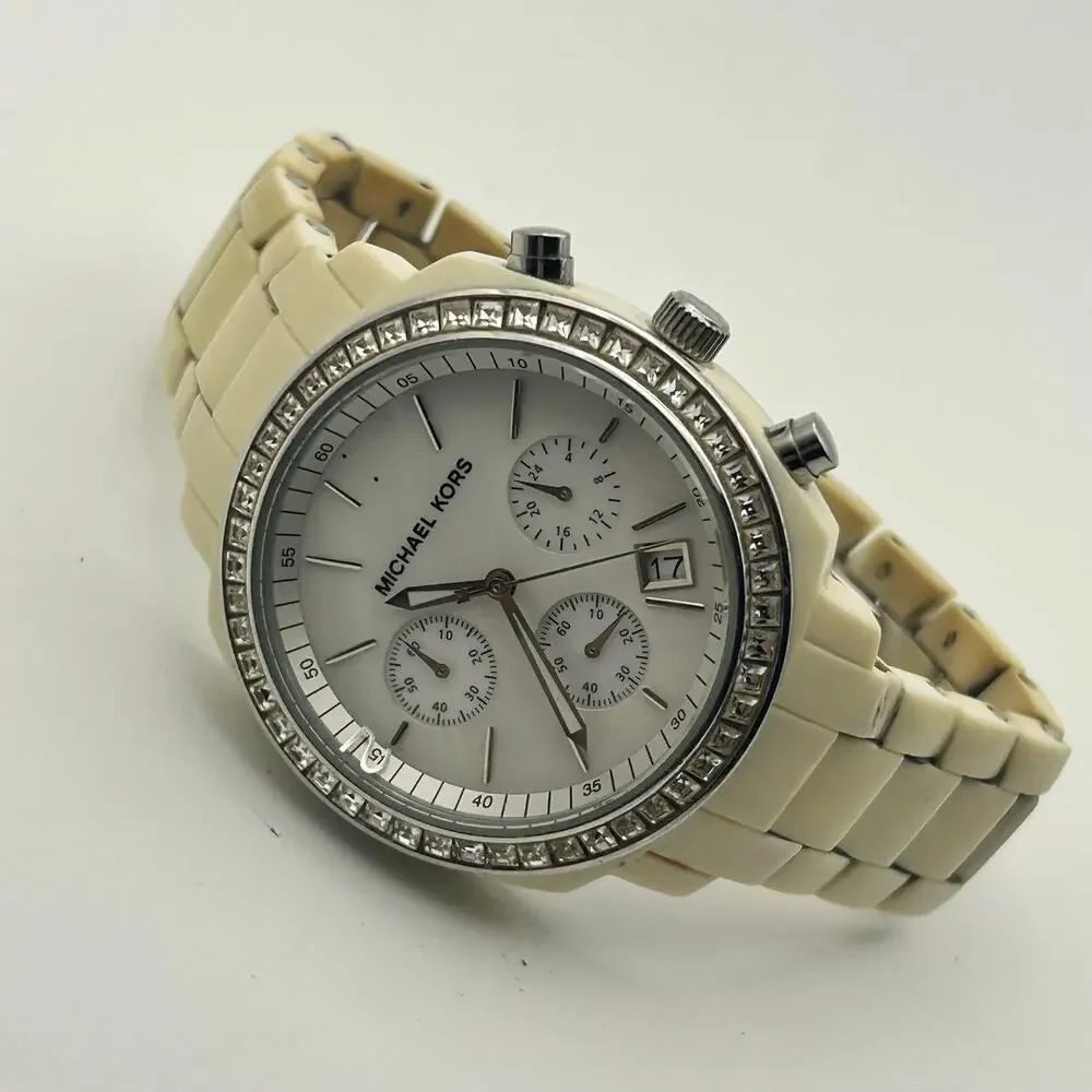Michael Kors Runway MK-5079 White Acrylic Band Women’s Watch New Battery