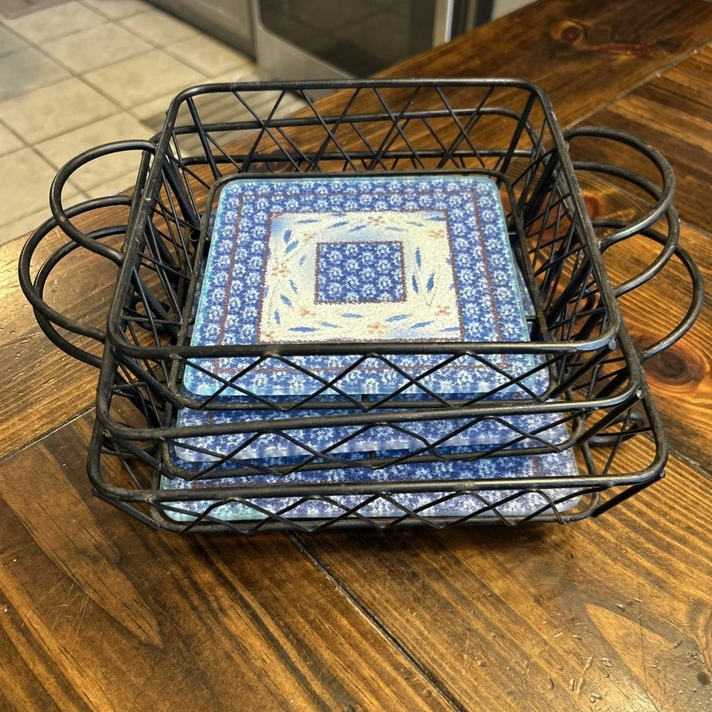 TempTations‎ by Tara Old World Square Wire Racks w/ Glass Trivets 6 pc Set Blue