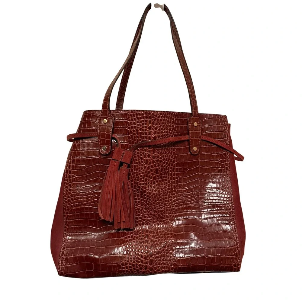 J. McLaughlin Crocodile‎ Embossed Leather and Suede with Tassel Tote in Brick