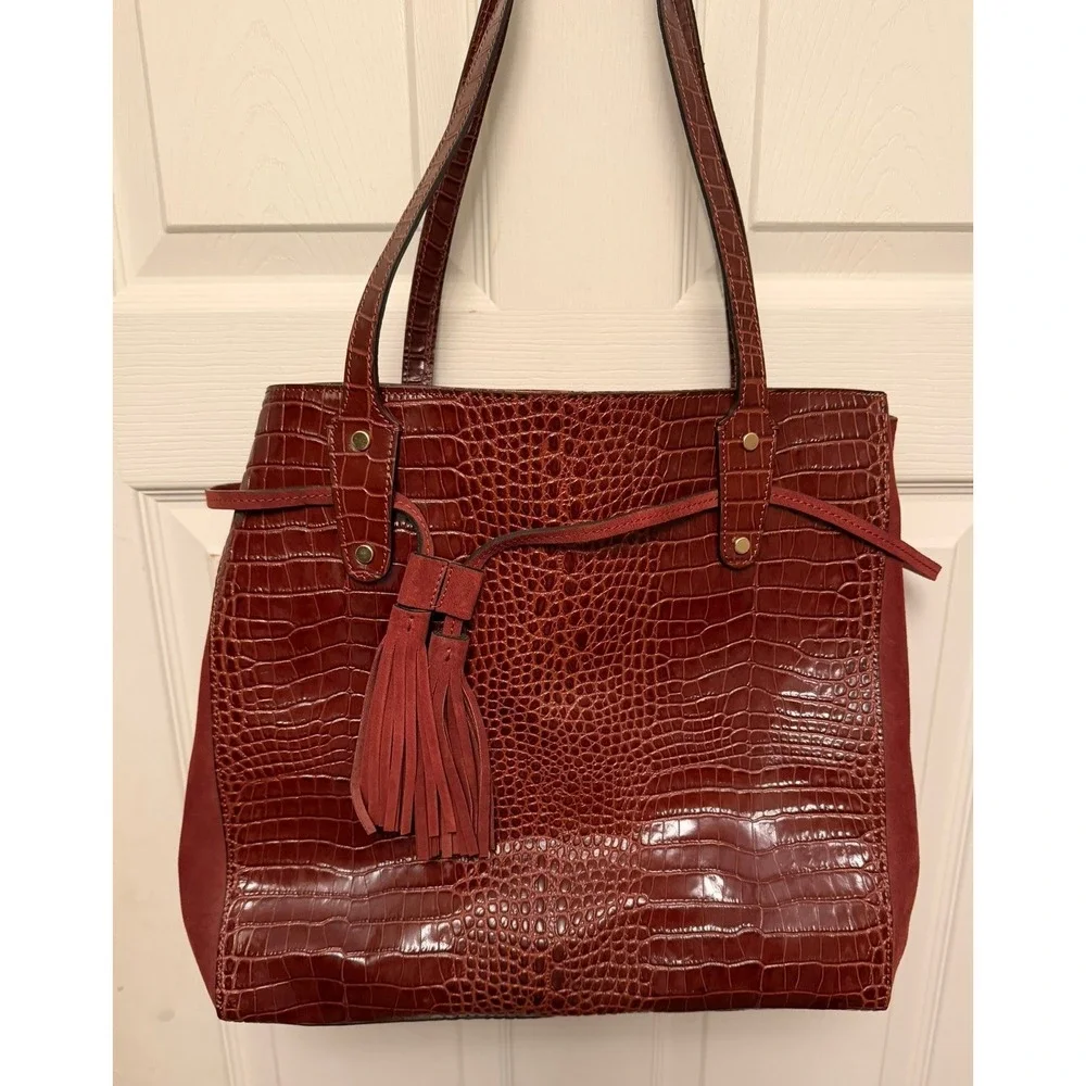 J. McLaughlin Crocodile‎ Embossed Leather and Suede with Tassel Tote in Brick