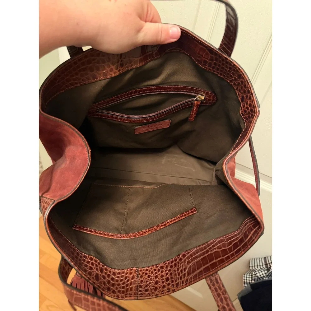 J. McLaughlin Crocodile‎ Embossed Leather and Suede with Tassel Tote in Brick
