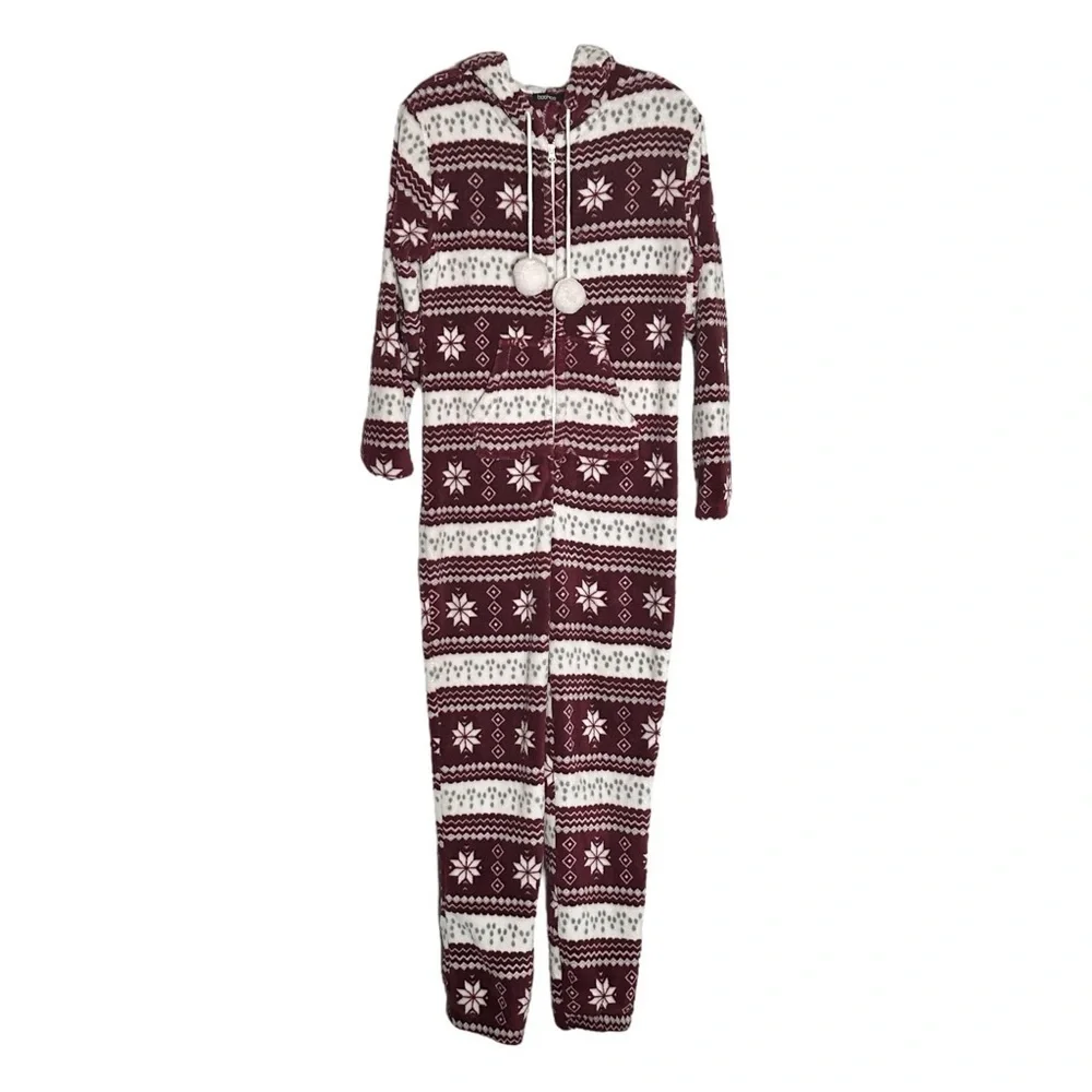 🌺 Boohoo Fleece Burgundy Fair Isle One Piece Pajamas Size 4 Winter Snowflake