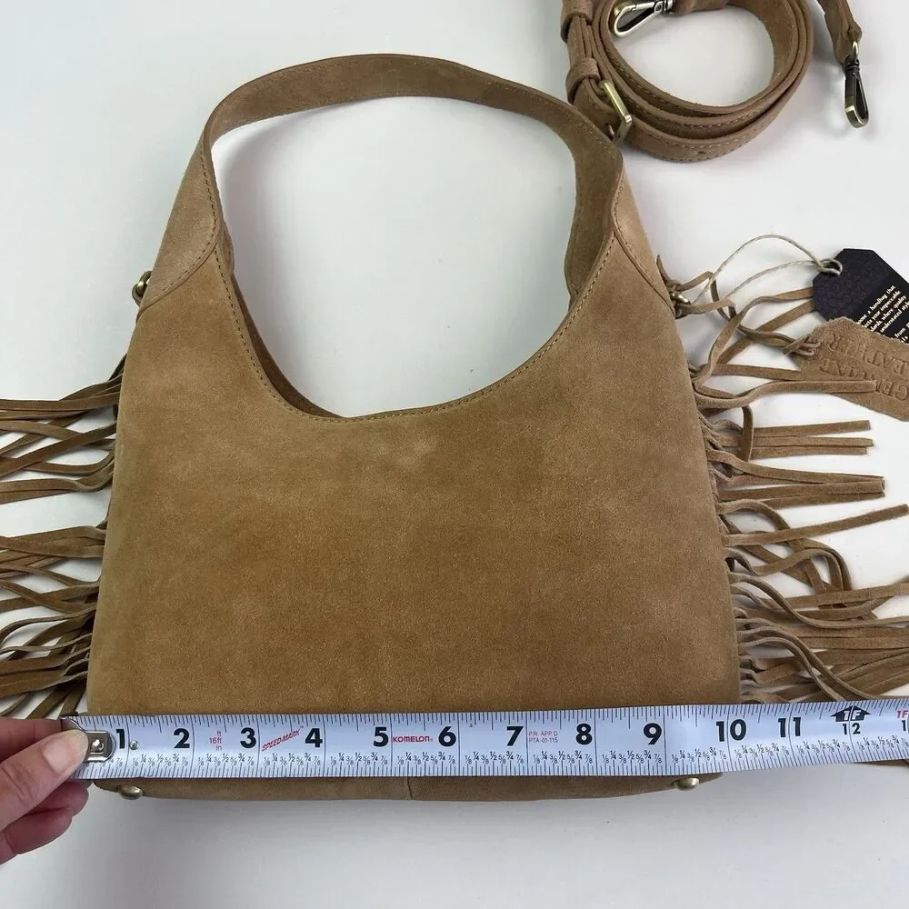 NWT Western Fringe Suede Leather Hobo Bag Tan Cowgirl Festival Crossbody Purse