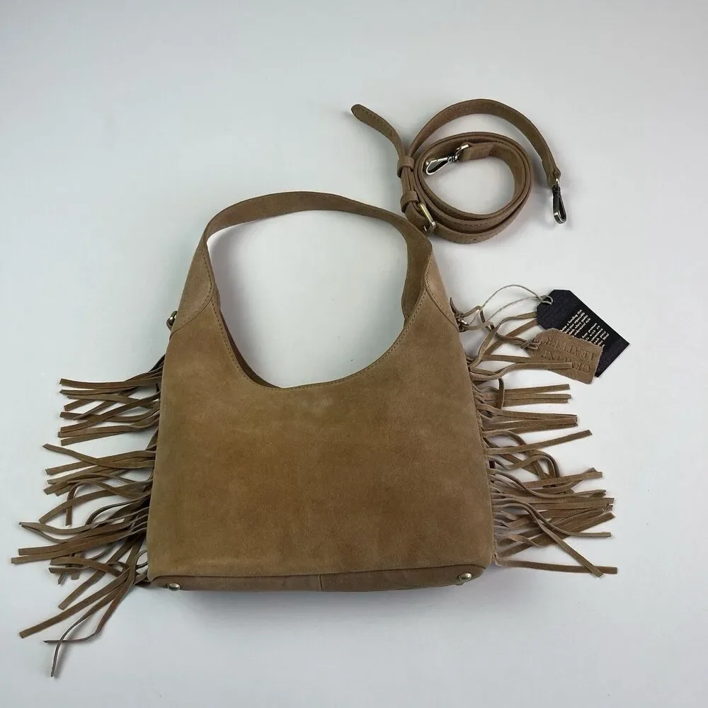 NWT Western Fringe Suede Leather Hobo Bag Tan Cowgirl Festival Crossbody Purse