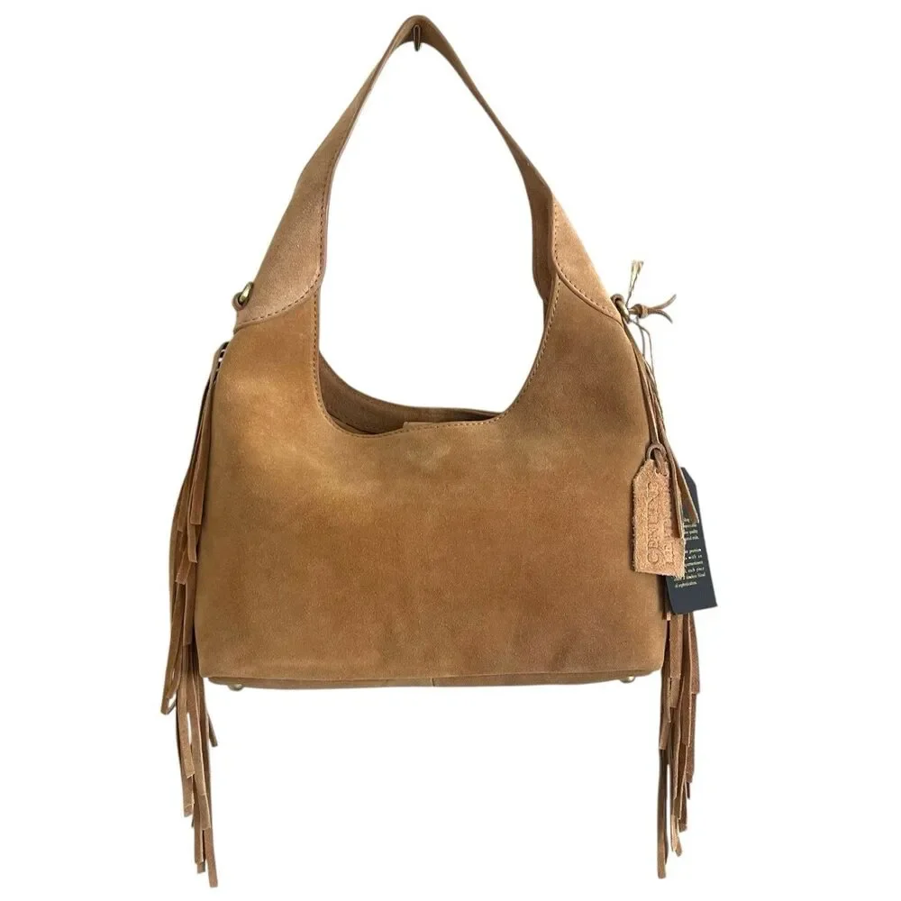 NWT Western Fringe Suede Leather Hobo Bag Tan Cowgirl Festival Crossbody Purse