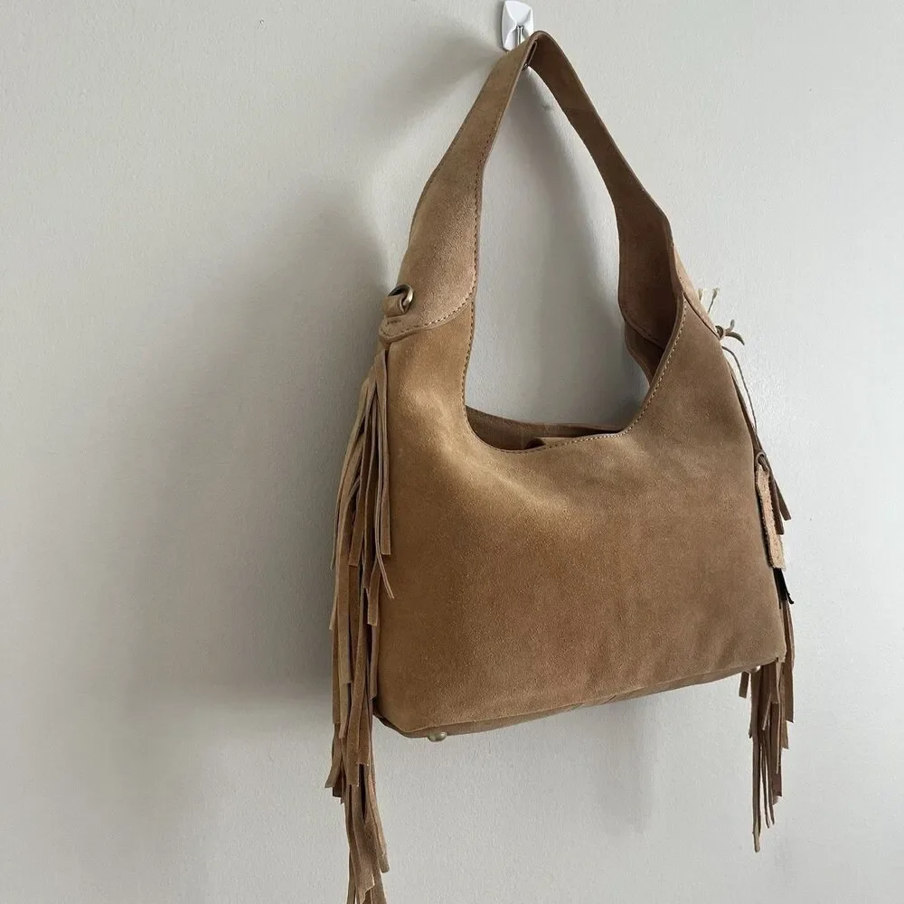 NWT Western Fringe Suede Leather Hobo Bag Tan Cowgirl Festival Crossbody Purse