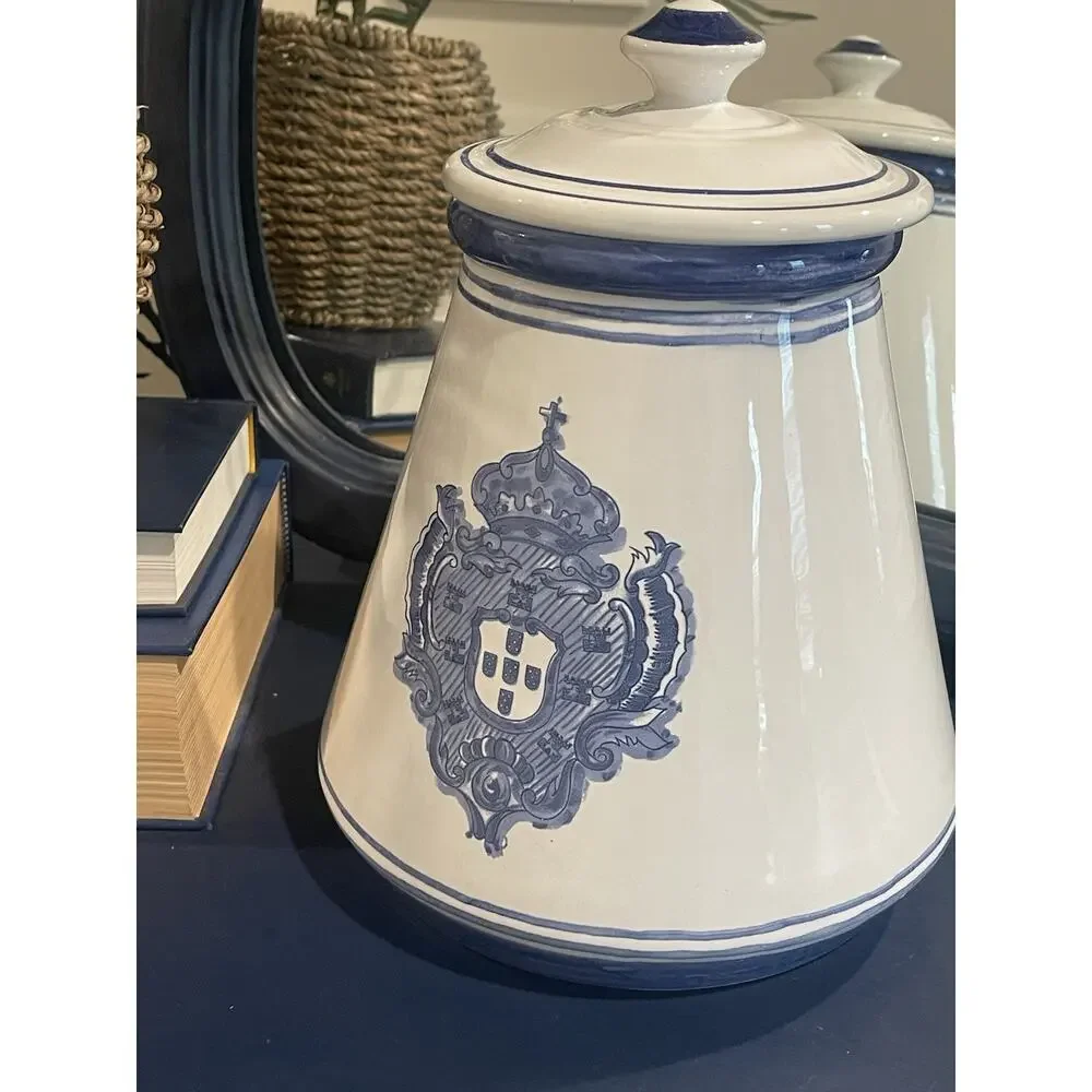 Blue White Ceramic Jar Canister w/Lid Faiancas Belo style Royal Crest Portuguese