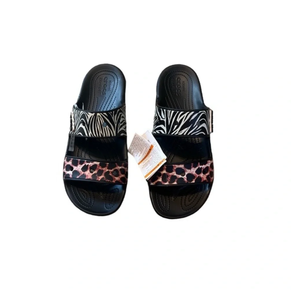 Crocs Classic Crocs Animal Remix Sandals Unisex Black Multi‎ Slides M 12 NEW