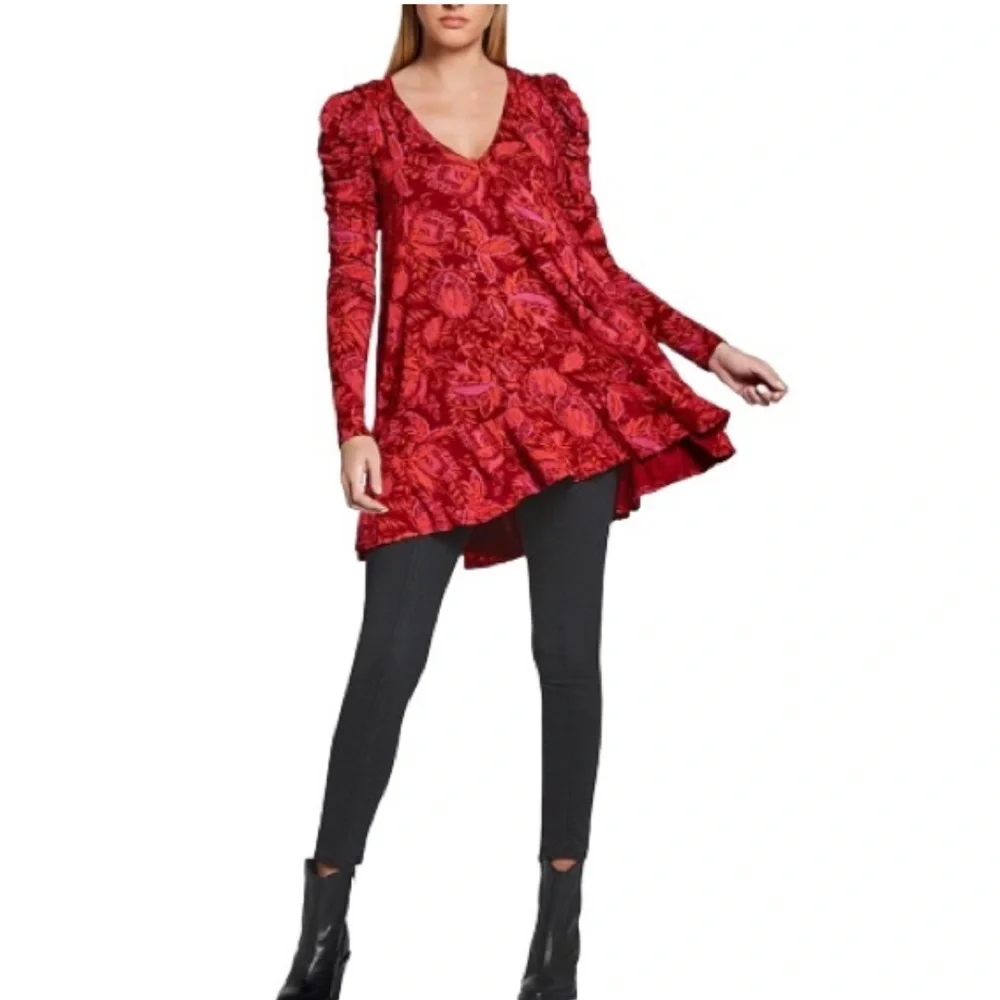 BOHO FREE PEOPLE HELLO LOVER V-NECK PUFF SLEEVE TUNIC DRESS FLOWY SILHOUETTE EUC