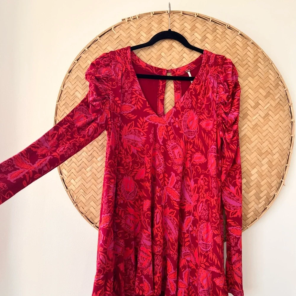 BOHO FREE PEOPLE HELLO LOVER V-NECK PUFF SLEEVE TUNIC DRESS FLOWY SILHOUETTE EUC
