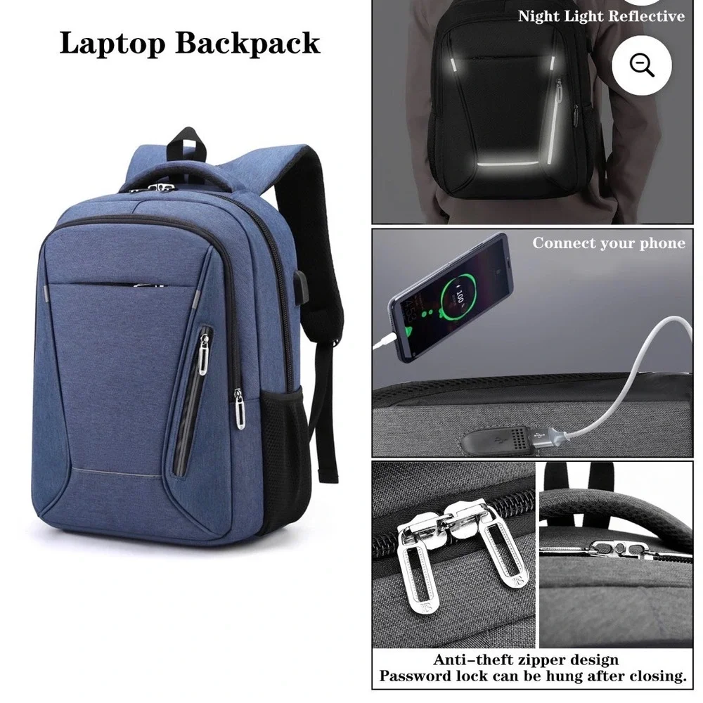 Laptop Backpack‎ USB Charging Port Water Resistant Dark Blue Anti-Theft