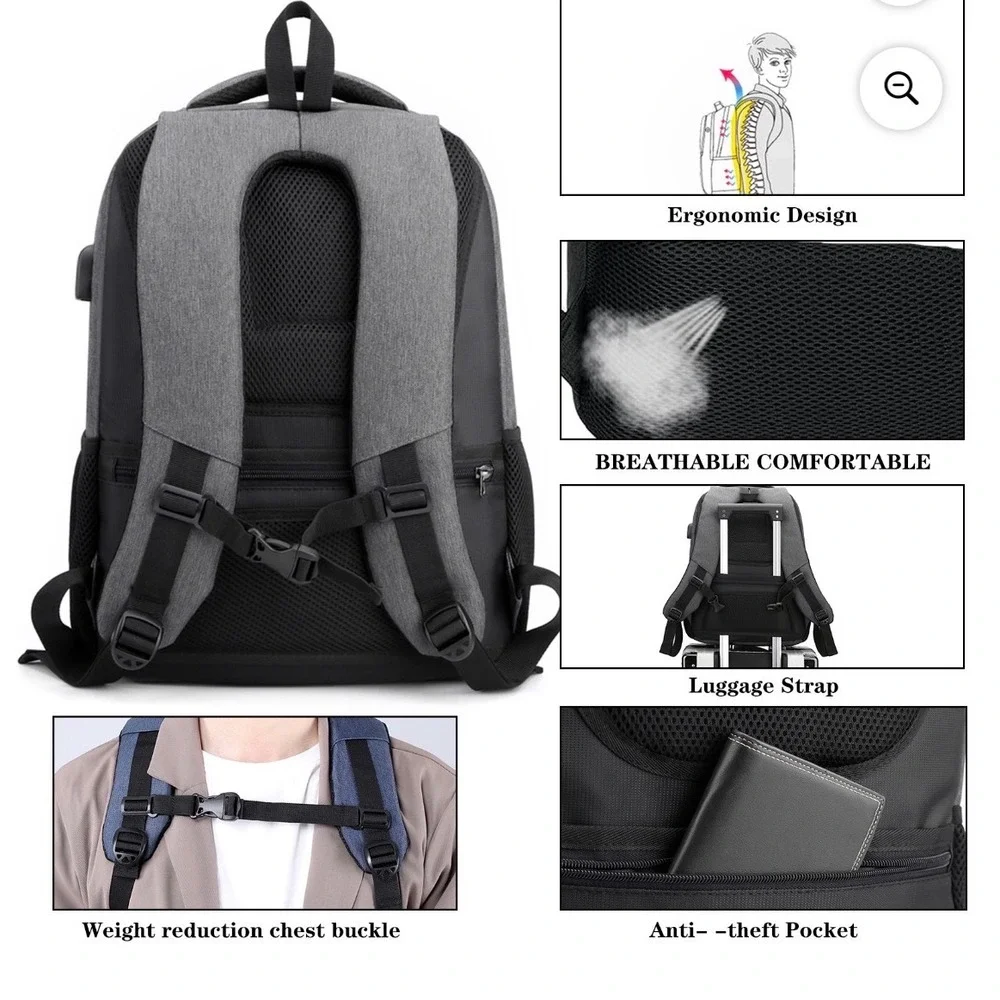 Laptop Backpack‎ USB Charging Port Water Resistant Dark Blue Anti-Theft