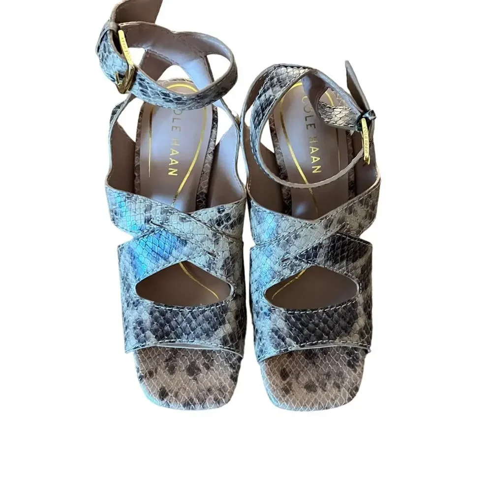 Cole Haan Reina City Sandals Leather Snake Print Ankle Strap Heels NEW Size 5