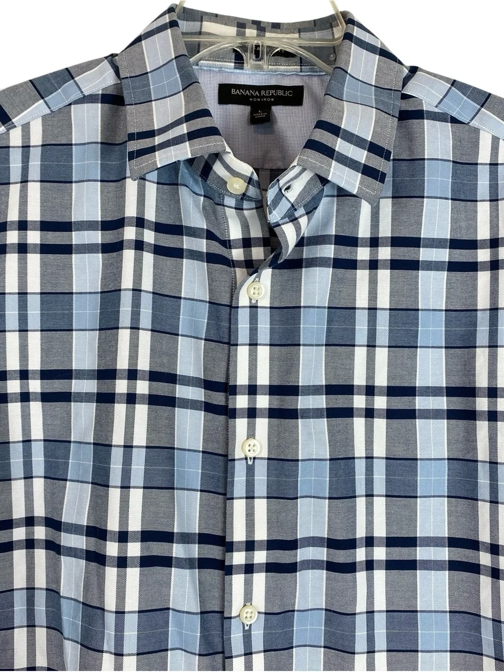 Banana Republic Grant Fit Men's Navy Plaid Button-Down No Iron Large 16-16 1/2