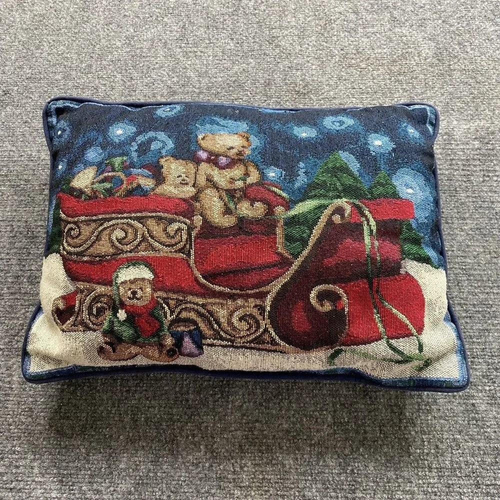 Vintage 70s Christmas Tapestry Pillow Teddy Bears in Santa's Sleigh 80s Country‎