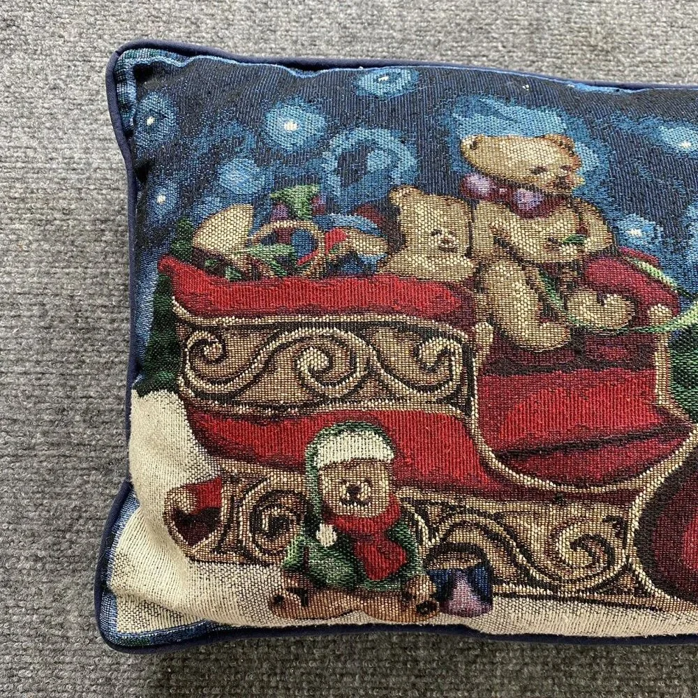 Vintage 70s Christmas Tapestry Pillow Teddy Bears in Santa's Sleigh 80s Country‎