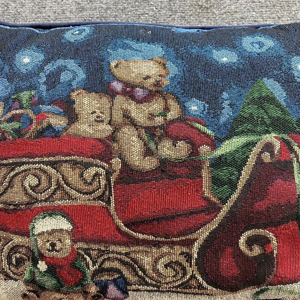 Vintage 70s Christmas Tapestry Pillow Teddy Bears in Santa's Sleigh 80s Country‎