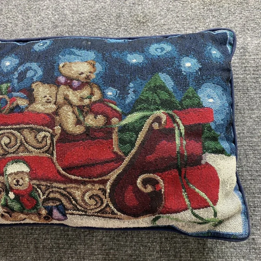 Vintage 70s Christmas Tapestry Pillow Teddy Bears in Santa's Sleigh 80s Country‎
