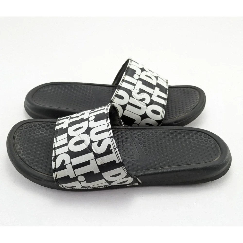 Mens Nike Black White Benassi Just Do It Logo Print Sandals 631261-024 Size 9