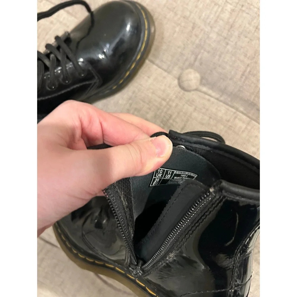 Kids Dr Martens‎ Black Patent Leather Lace Up Side Zip Boots Size: 11