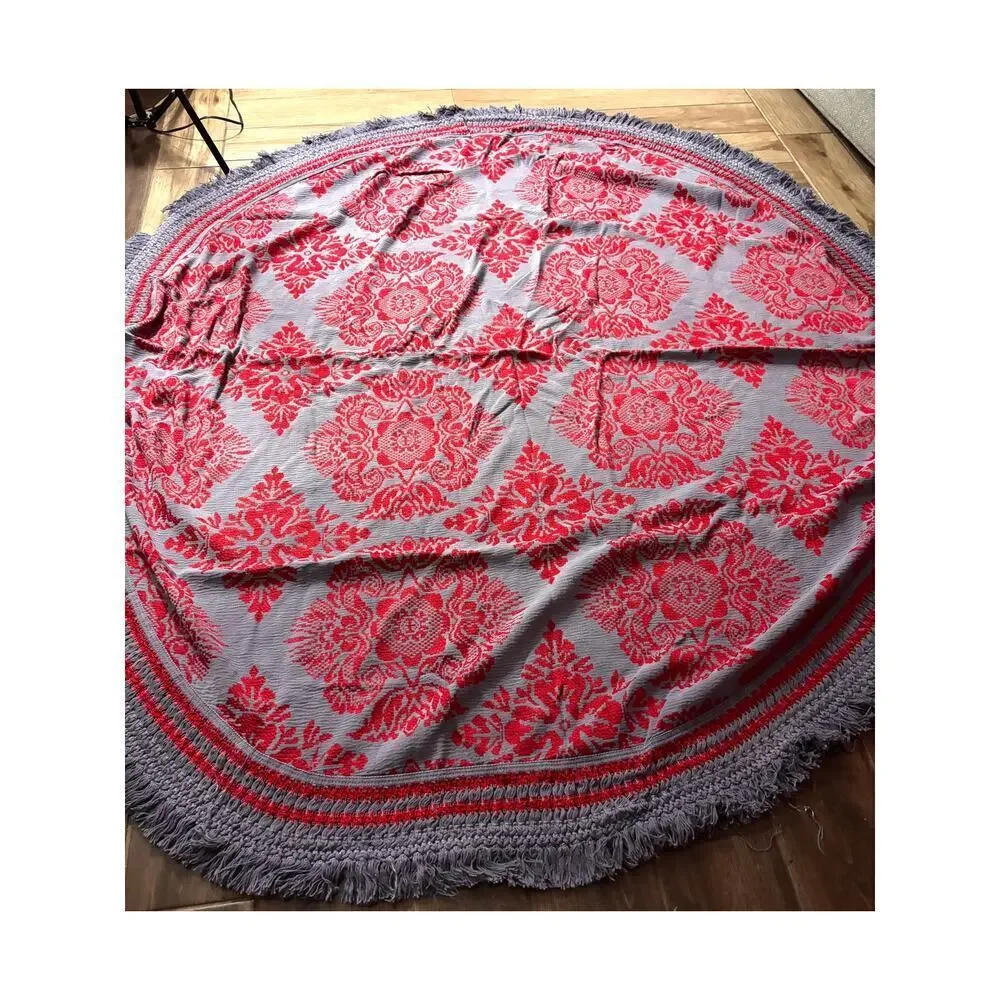 VTG Sears Tapestry Fringe Heavyweight Bedspread USA Made Red‎ Gray 75