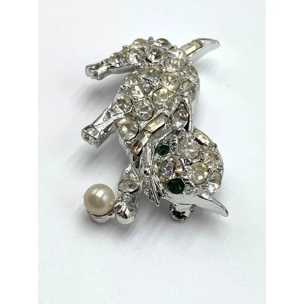 PELL Vintage Brooch Cat Playing Ball Crystals Silver Tone Green Eyes Faux Pearl