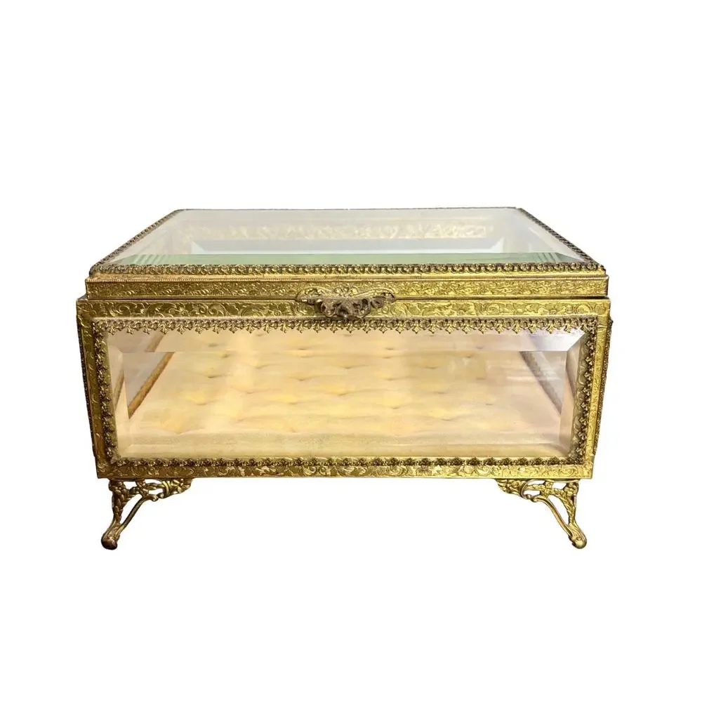 Vintage French Jewelry Box Footed Casket Ormulu Filigree Beveled Glass Regency
