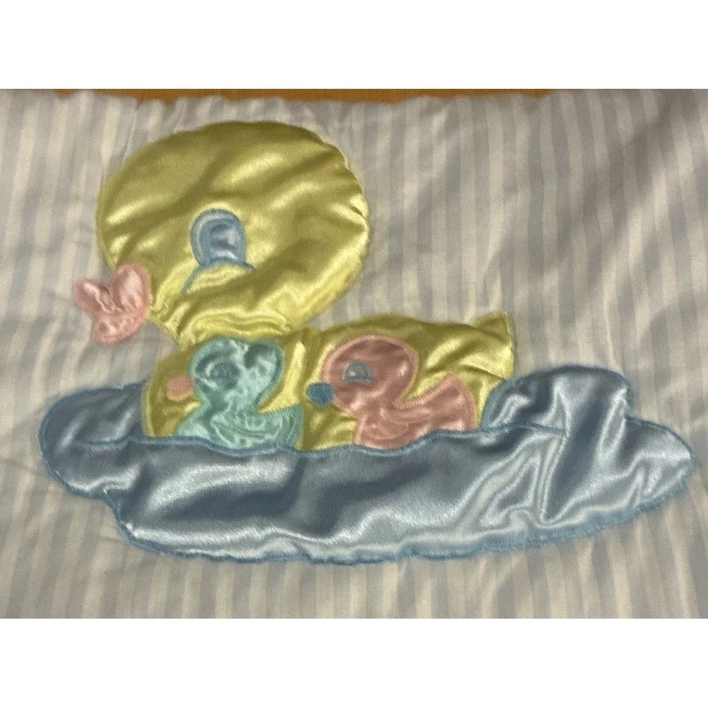 VTG Little Bedding Blue/White Striped Duck Crib Quilt with Ruffled Trim