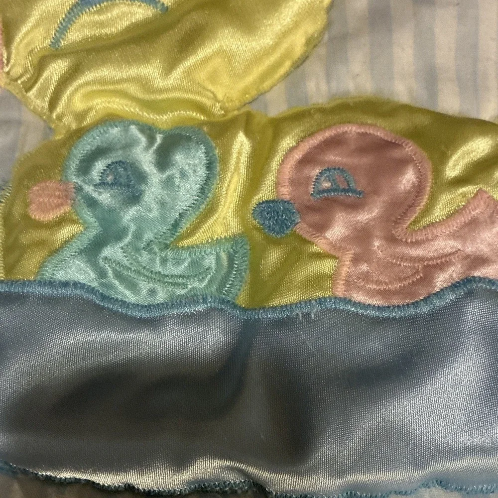 VTG Little Bedding Blue/White Striped Duck Crib Quilt with Ruffled Trim