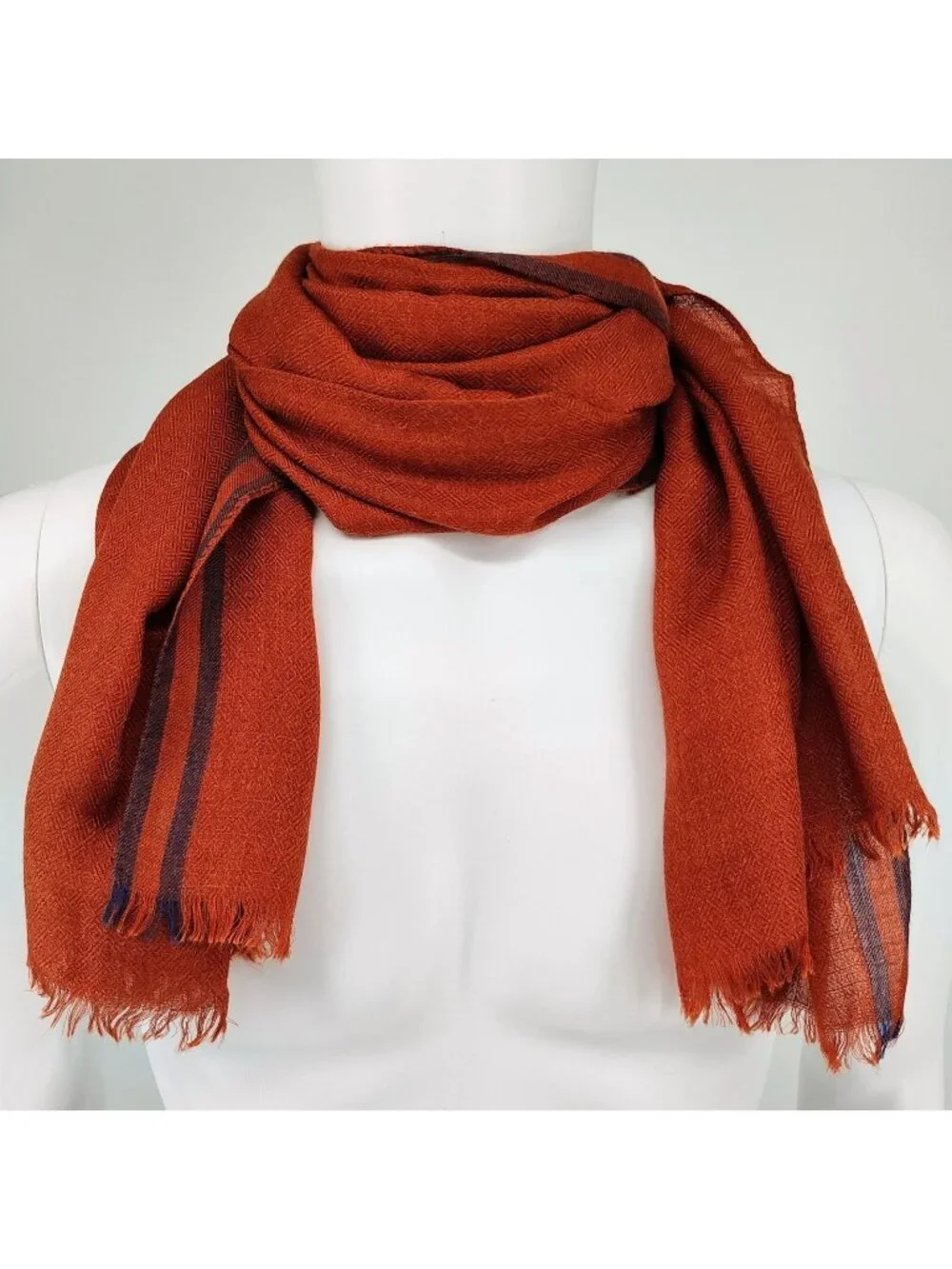 Loro Piana Made In Italy Orange/Red and Blue Raw Edge Cashmere & Silk Scarf
