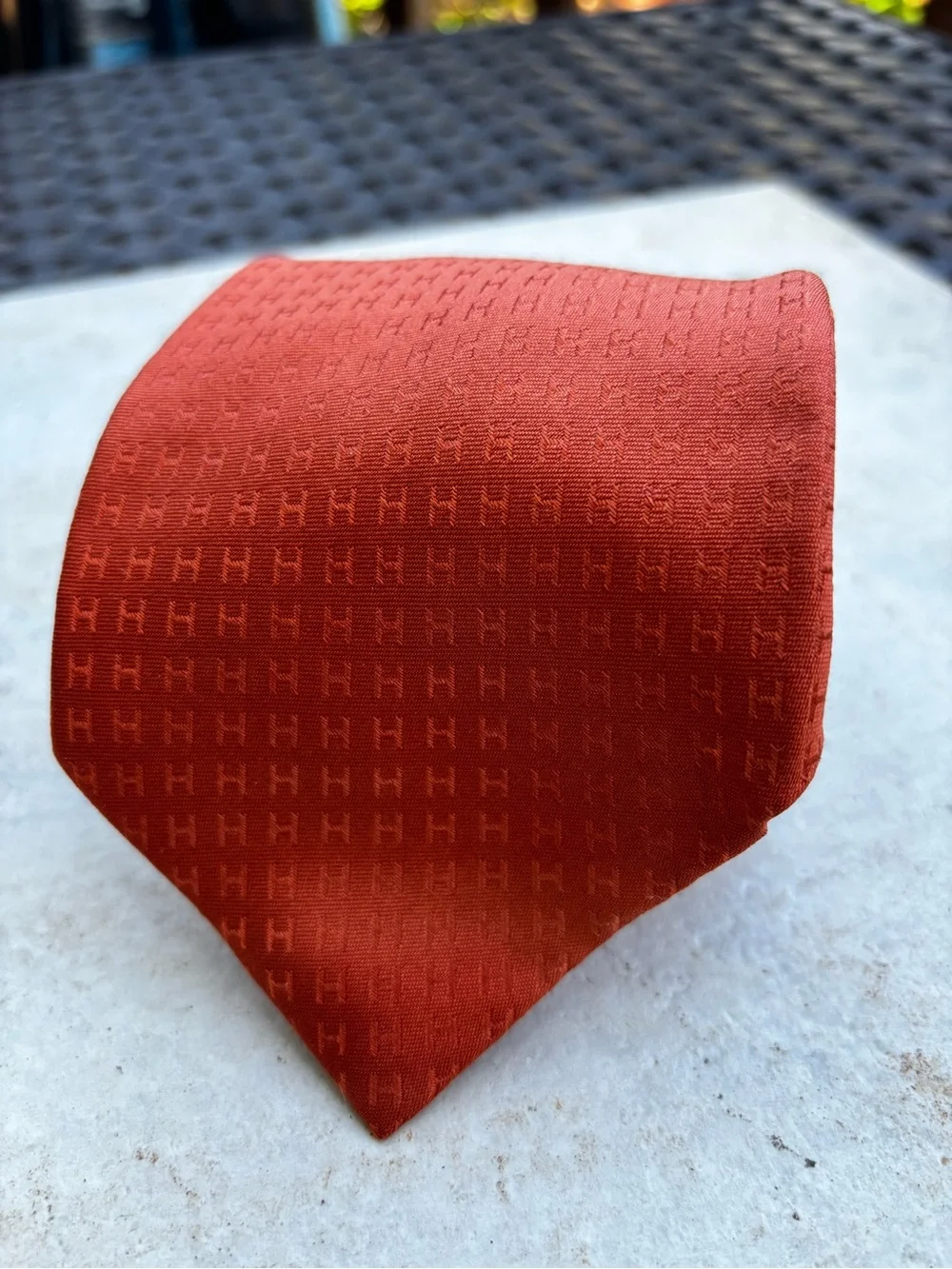 Hermes Neiman Marcus Burnt Orange Silk Tie with Woven H Motif