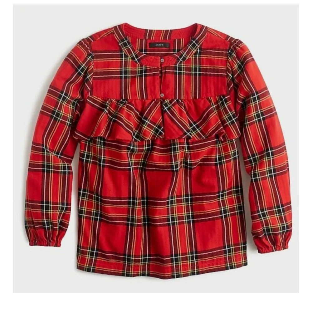 J. Crew • Festive Ruffled Popover Flannel Top in Red Tartan Plaid