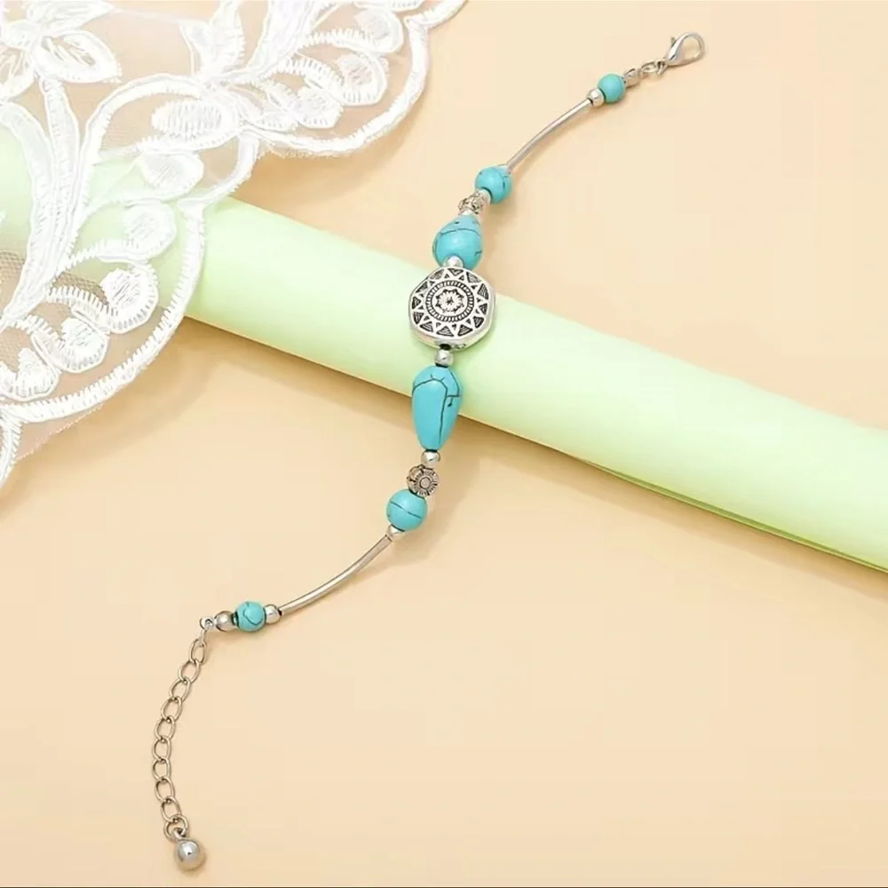 Boho Turquoise Bead Silver Tone Bracelet