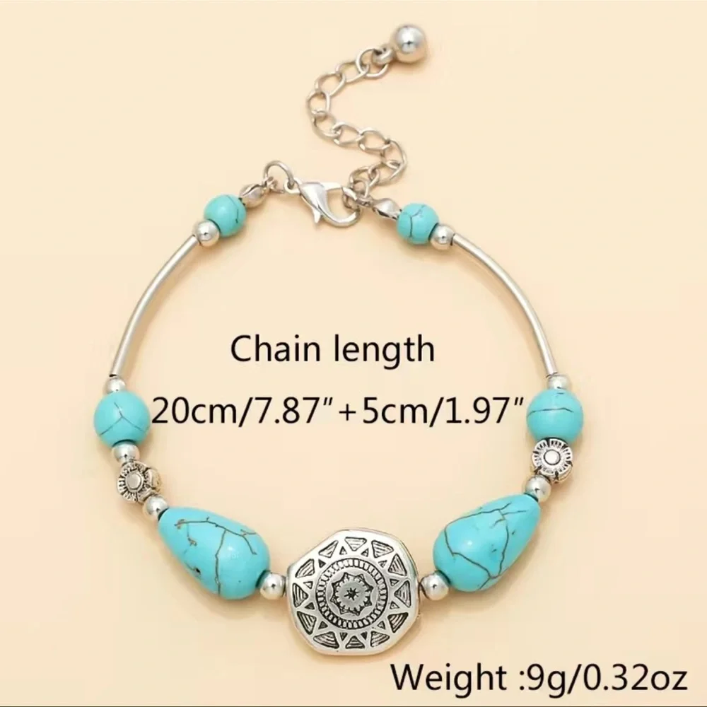 Boho Turquoise Bead Silver Tone Bracelet