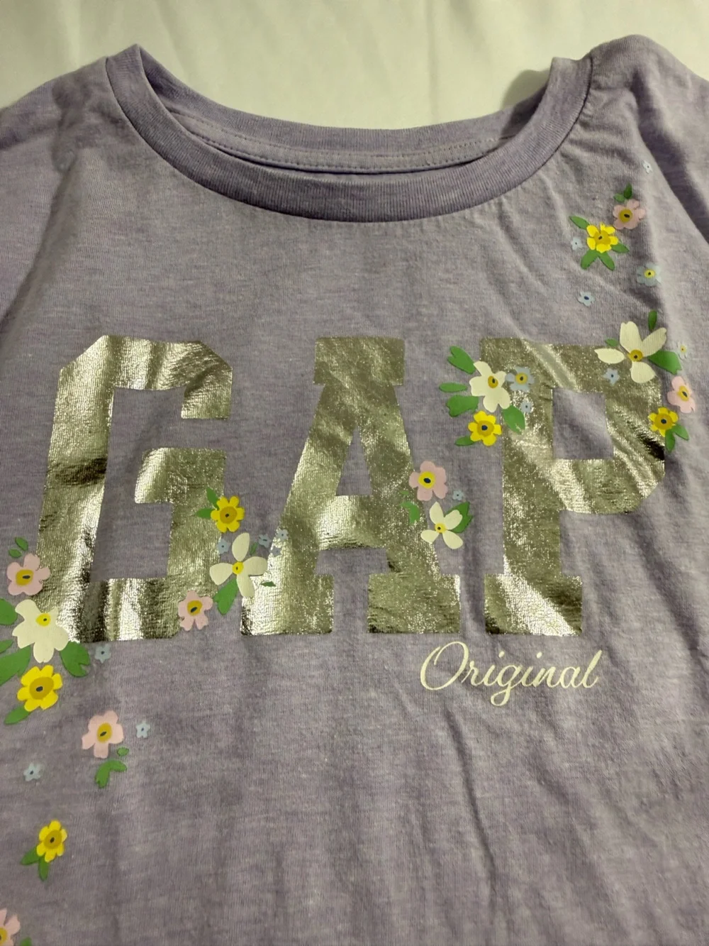 GAP Lavender Tee with Silver Logo and Floral Accent