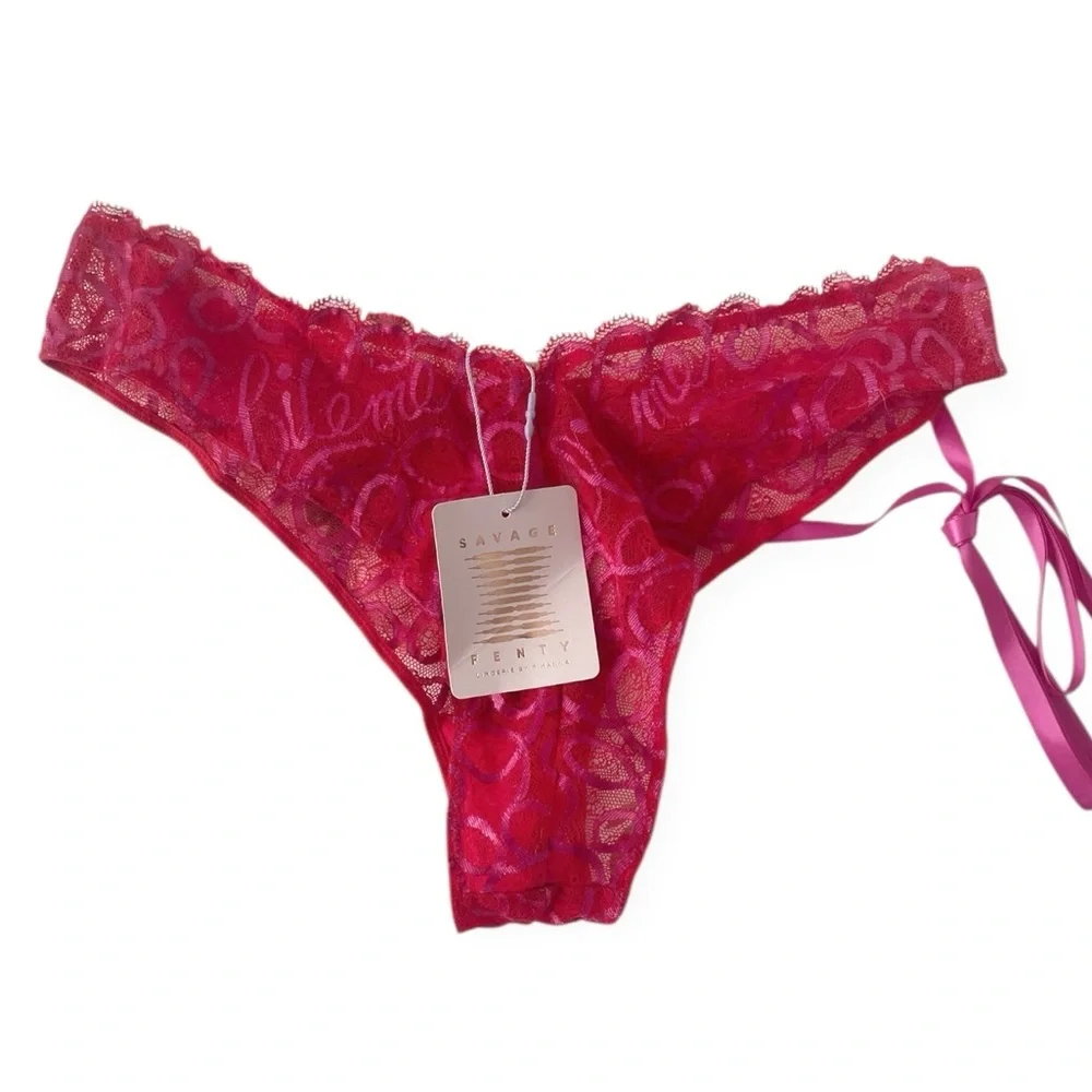 Savage Fenty Ribbon Writing Lace Brazilian Panty Underwear Lingerie Large New