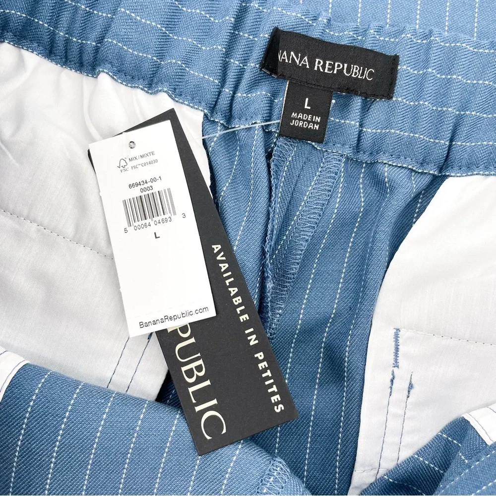 NWT Banana Republic Wide-Leg Tencel™-Linen Pull-On Pant in Blue Stripe Large