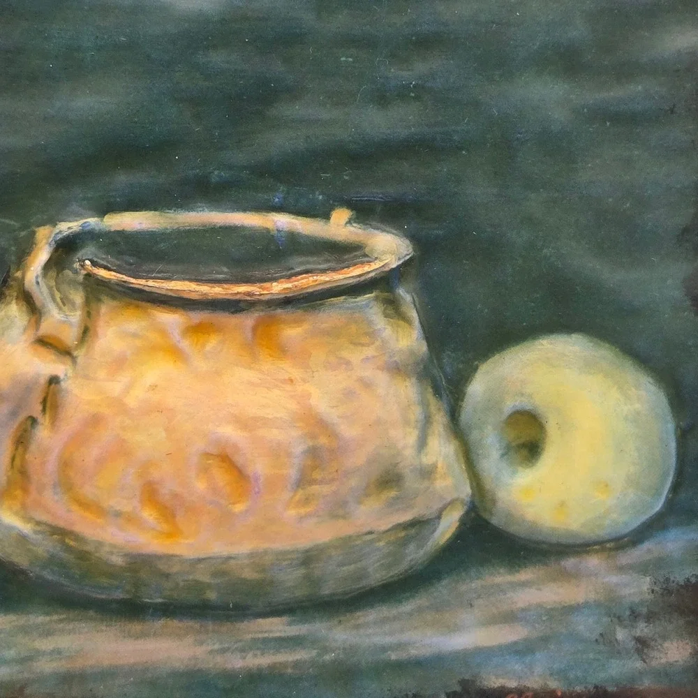 Vintage Dark Moody Still Life Wall Art Plaque Copper Pot and Apples in Relief