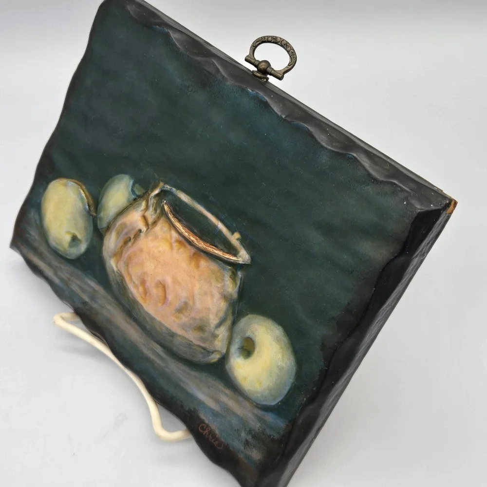 Vintage Dark Moody Still Life Wall Art Plaque Copper Pot and Apples in Relief