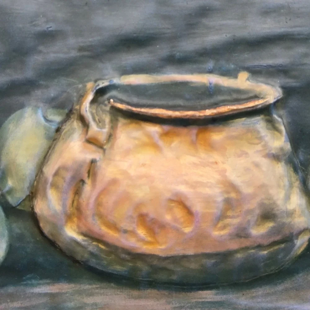 Vintage Dark Moody Still Life Wall Art Plaque Copper Pot and Apples in Relief