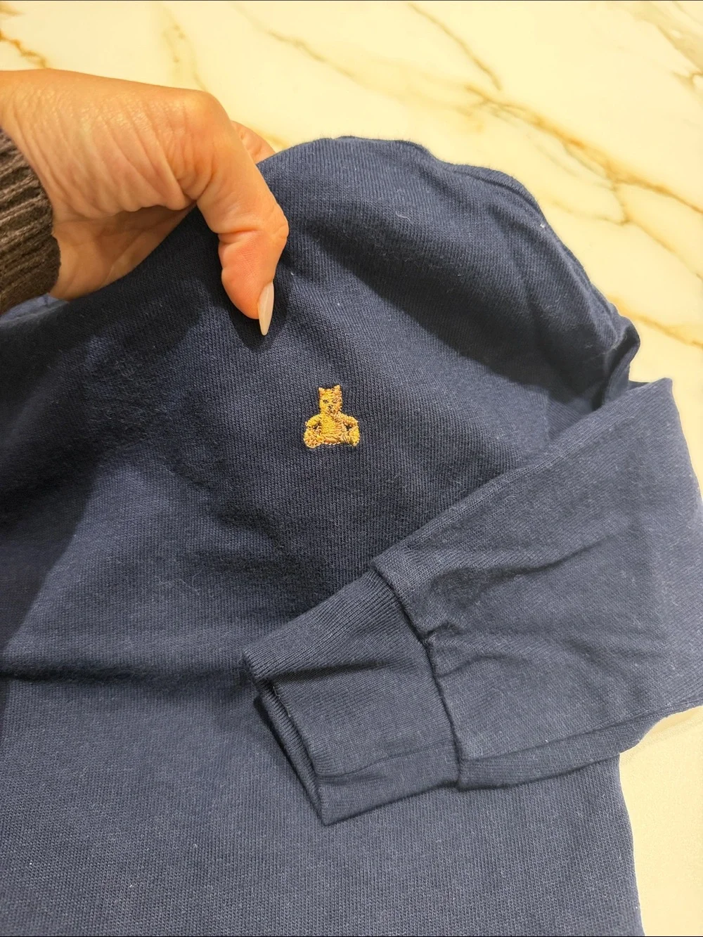 GAP Navy Long-Sleeve Tee with Small Brown Bear Embroidery 2T
