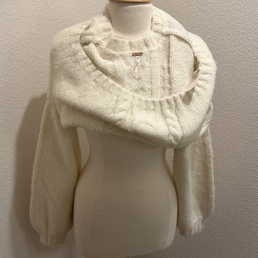 Free People Willow Cream Cable Knit Long Sleeve Crop Button Cardigan Sweater L