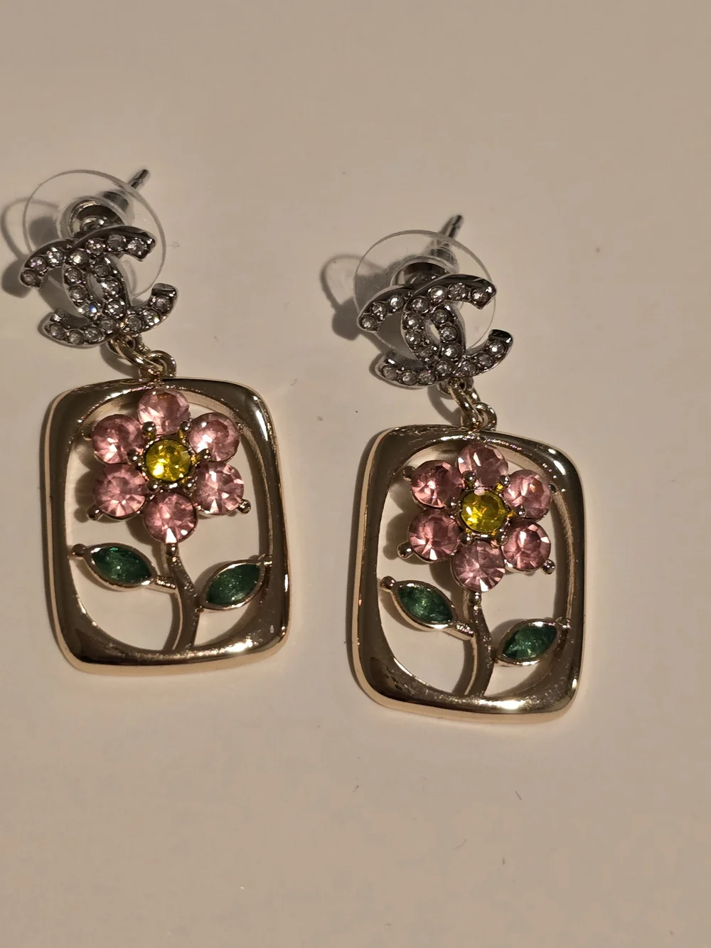 Chanel- Crystal Floral Drop Earrings - Pink & Green