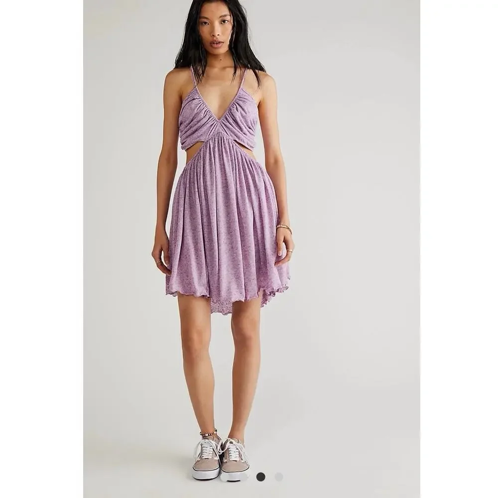 FREE PEOPLE BEACH Gathered Cut Out Strappy V Neck Mini Dress XS Made in USA