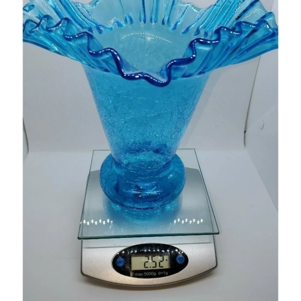 Vintage 1940's Beacon Glass Azure Blue Hand Blown Ruffle Crackle Vase  MCM  1of2