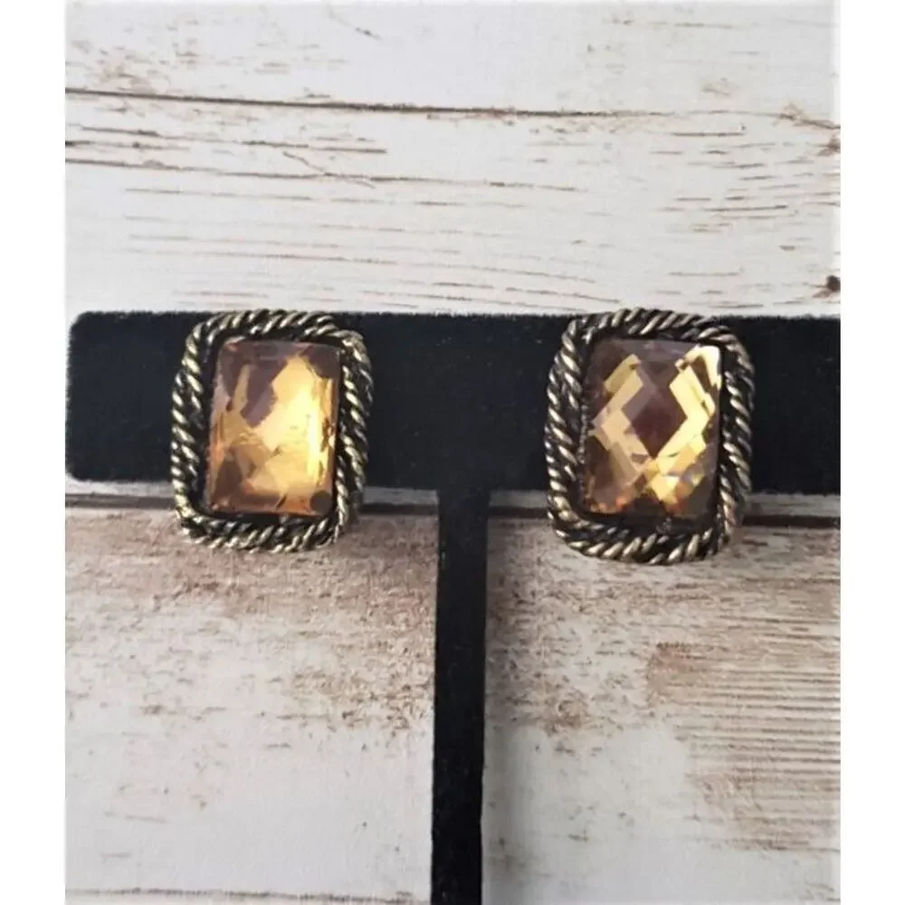 Vintage Clip On Earrings - Amber Tone Gem with Twisted Halo 0.75
