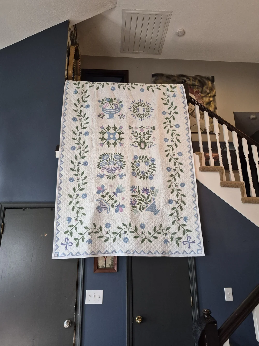 Baltimore Album Style Handmade Floral Quilted Bedspread in White and Light Blue
