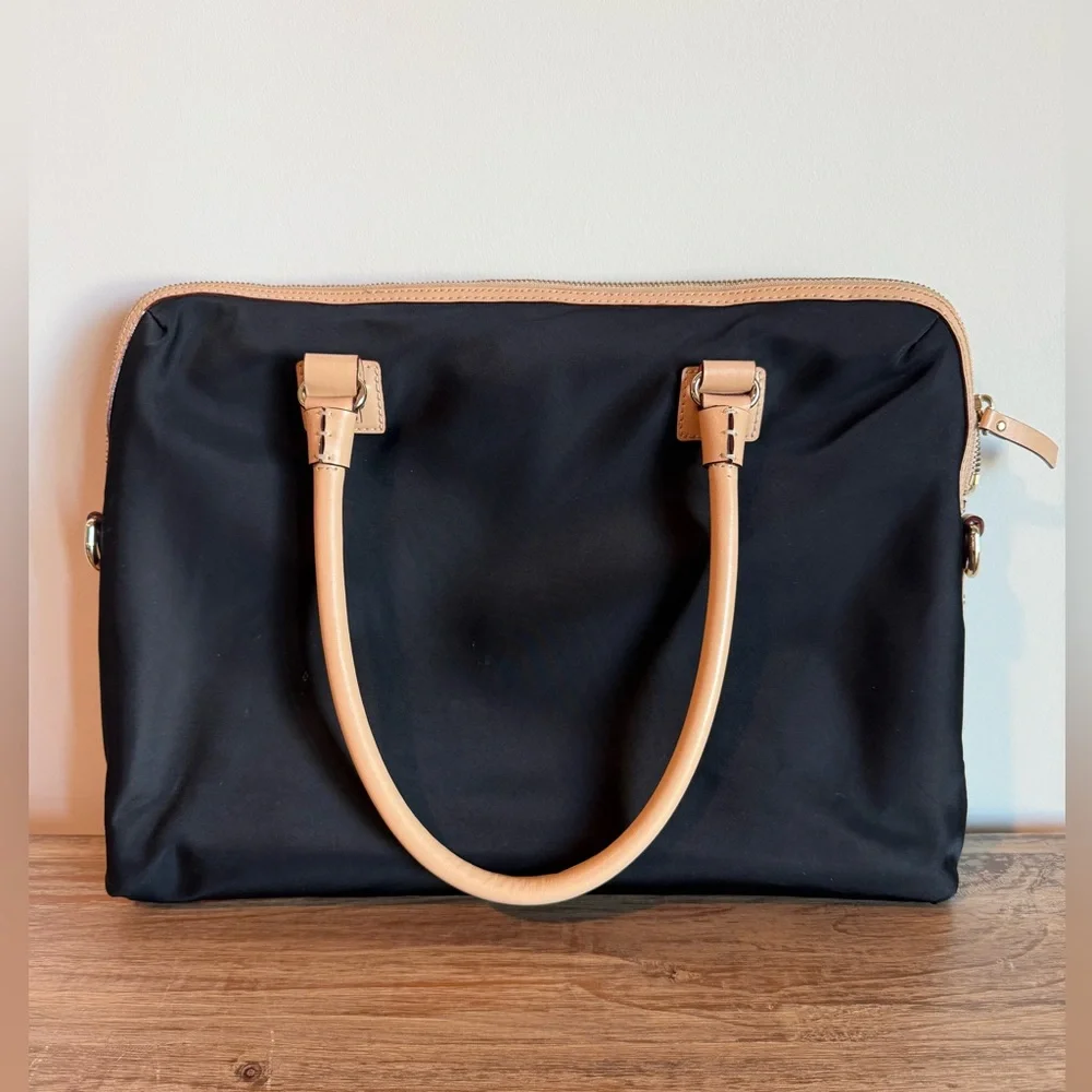 Kate Spade Black Nylon Laptop Bag with Beige Leather Trim