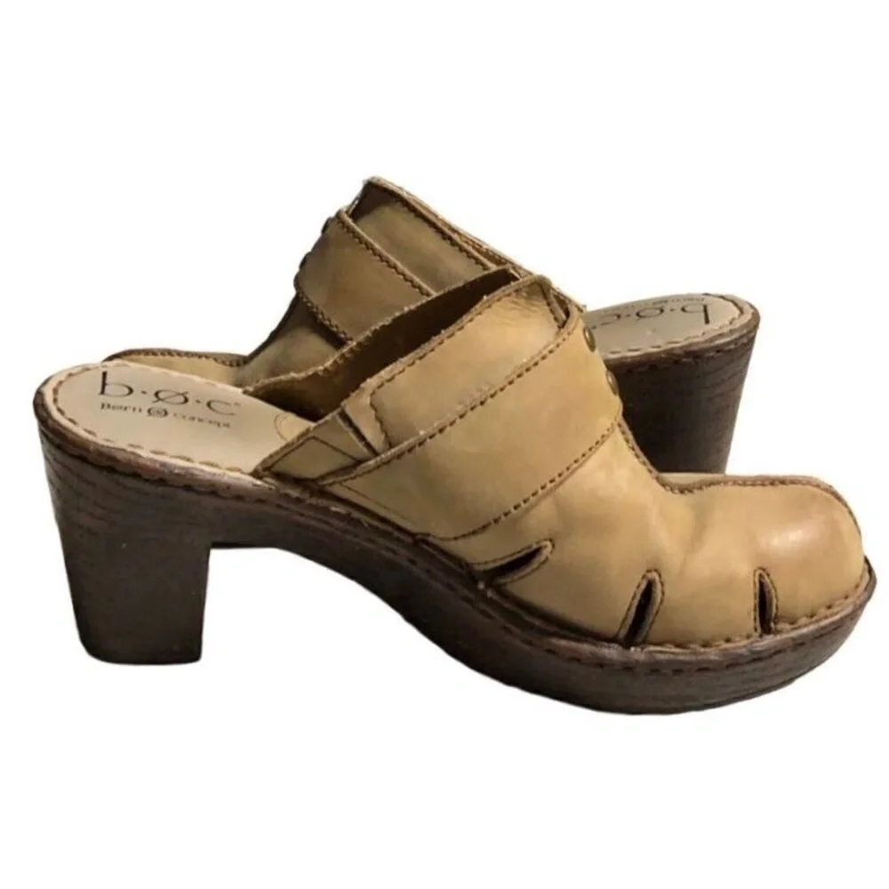 B.O.C. Born Concept Retro Tan Leather Chunky 3 Heel Clog Size 9 (Wear‎ on Front)
